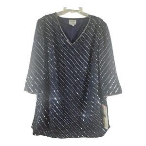 Papell Studio beaded blouse plus sz 1X silk blue silver NWT v-neck 3/4 sleeve